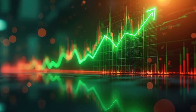Green line graph shows upward stock market trend with rising prices. Digital trading data displays financial growth and positive returns. Bull market indicators suggest investment success. - Powered by Adobe