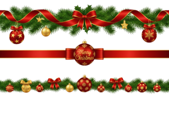 Festive Christmas Garland And Ribbons With Ornaments Isolated On Transparent Background For Holiday Design