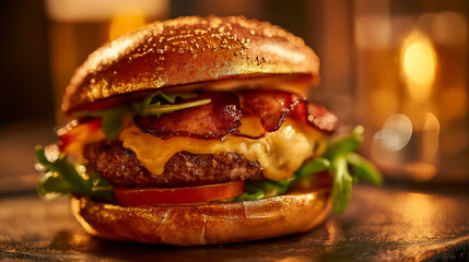 Luxury gold-plated burger, glossy gold finish and gourmet meat layers, luxury theme