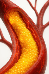 3d illustration of human artery with cholesterol plaque buildup showing yellow fat cells depicting cardiovascular disease atherosclerosis and medical health concept