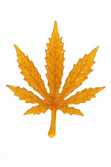 Amber cannabis leaf made of translucent resin isolated on white background representing cbd concentrate marijuana extract and natural hemp product