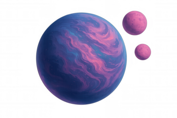 Gas giant exoplanet with two moons orbiting in space, vivid pink and blue colors on transparent background