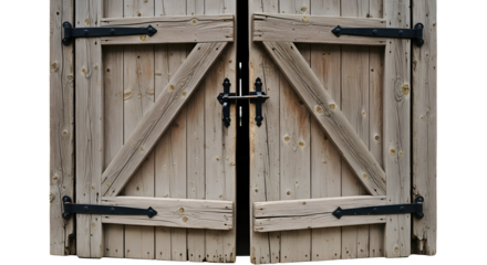 Weathered wooden gate with iron hardware on transparent background for design elements or backgrounds