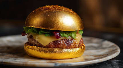 Luxury gold-plated burger, glossy gold finish and gourmet meat layers, luxury theme