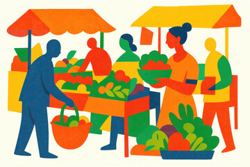 people shopping at farmers market with fruits and vegetables local organic food community concept
