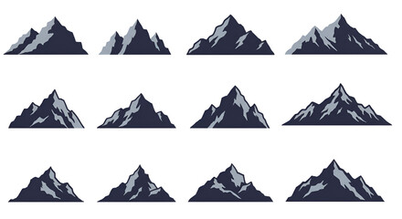 Twelve mountain illustrations in a grid pattern with varying shapes and snow capped peaks on white