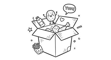 Cute Cartoon Food Characters in Open Box with Expressions and Accessories