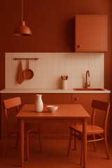 Minimalist terracotta kitchen interior with matching furniture ceramic decor and warm earthy tones modern home design background