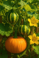 Ripe orange pumpkin and green striped gourds growing on vine with yellow blossoms in lush garden organic farming and autumn harvest concept