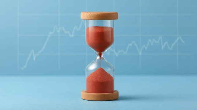 Hourglass with Red Sand on a Blue Background with Financial Graph, Symbolizing Time Management and Investment Decisions in Business and Finance