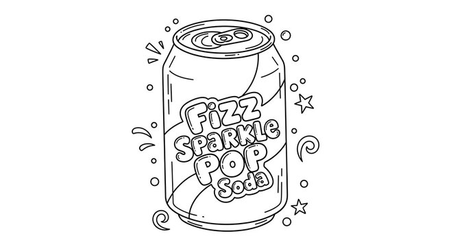 Fizzy Sparkle Pop Soda Can Illustration in Black and White Line Drawing