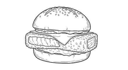Hand-drawn Fish Fillet Sandwich with Lettuce and Cheese on Bun Illustration for Food Menu