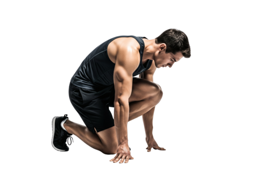 Athletic Man Crouching Ready to Sprint Athlete Intense Focus Determination Fitness Healthy Lifestyle Isolated on Transparent Background
