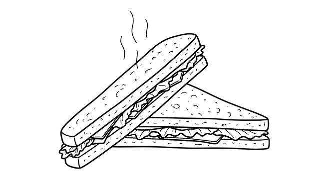 Hot Steaming Sandwich with Lettuce and Meat in Black and White Line Art Style