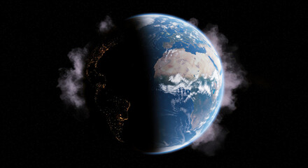 Earth rotating in space showing day and night with atmospheric clouds