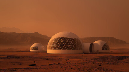 Mars colony dome sunset, panoramic view with layered domes casting long shadows on rust-colored sand