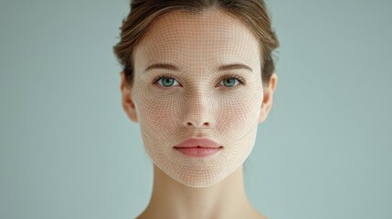 Elegant woman with digital mesh overlay on face, showcasing beauty technology and innovation in skincare and cosmetics industry with a clean background