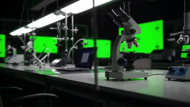 Sliding Shot of a Modern High-Tech Science Laboratory with Microscopes and Green Screen Monitors for Research and Analysis.