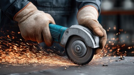 Close-up of a Worker Using an Angle Grinder on a Metal Surface to Create Sparks in a Workshop with Protective Gloves and Focused Attention