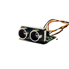 Ultrasonic sensor device close up with transparent background for technological applications