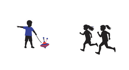 Children playing with a colorful spinning top and running with joy