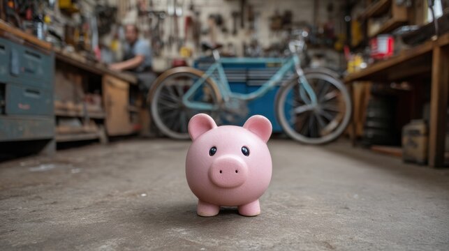 Pink piggy bank in the foreground with a rustic workshop background featuring tools and a vintage bicycle for financial and savings concepts