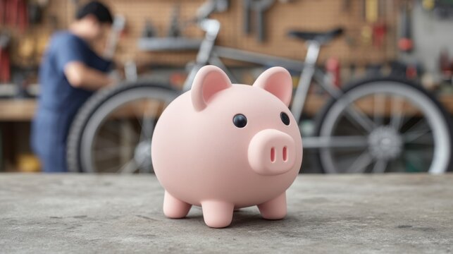 Cute pink piggy bank in a workshop background showcasing bicycle repairs and tools, emphasizing savings and financial management concepts for individuals