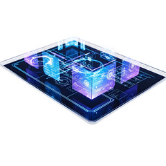 Digital tablet displaying holographic data visualization with transparent background