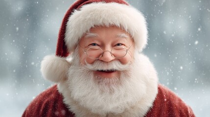 Cheerful and Jolly Santa Claus in Winter Wonderland, Smiling with White Beard, Red Suit, and Glasses, Surrounded by Falling Snowflakes