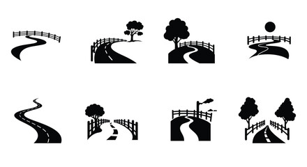 Simple black and white illustrations of winding roads and landscape elements