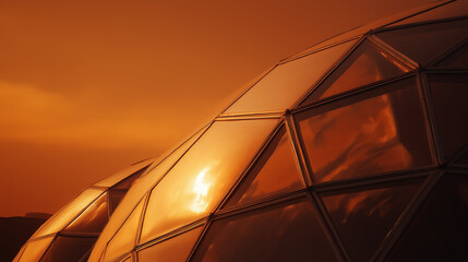 Mars colony dome sunset, panoramic view with layered domes casting long shadows on rust-colored sand