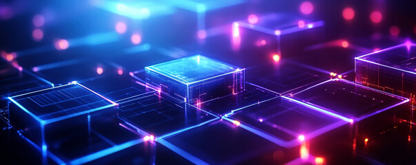 Vibrant Digital Cubes with Neon Lights in High Tech Scene