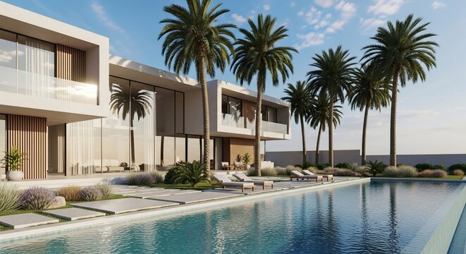 Luxurious modern villa with a large swimming pool and palm trees under a clear blue sky, showcasing contemporary architecture and an opulent lifestyle.