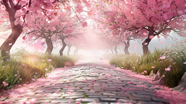 Dreamy pathway framed by blossoming cherry trees in spring season atmosphere