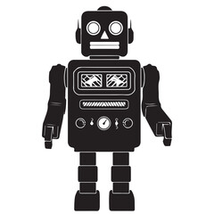 Black Retro Robot Icon with Vintage Details on White Background