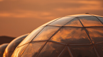 Mars colony dome sunset, panoramic view with layered domes casting long shadows on rust-colored sand