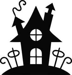 Spooky haunted house silhouette with graveyard elements and wisp of smoke perfect for halloween decorations silhouette White background