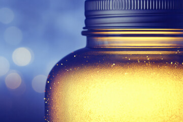 Mental Health Gratitude Concept, Glowing jar radiates mental health and gratitude through mindful meditation with soft bokeh light creating