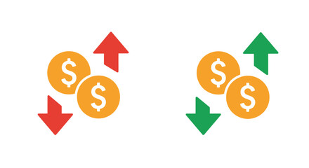 Financial growth and decline illustrated with coins and directional arrows