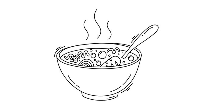 Simple Black and White Line Drawing of Steaming Bowl of Soup with Spoon