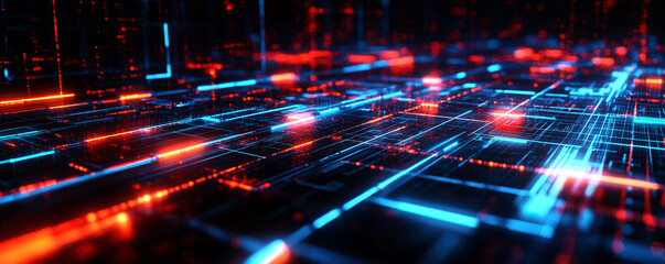 High-tech digital circuit board with glowing red and blue lines