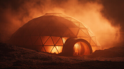 Mars colony dome sunset, panoramic view with layered domes casting long shadows on rust-colored sand