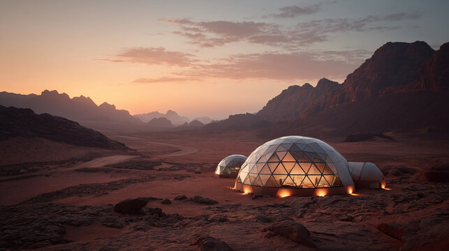 Mars colony dome sunset, panoramic view with layered domes casting long shadows on rust-colored sand
