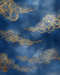 Golden Clouds in the Deep Blue Sky: A serene image of gold cloud outlines floating against a deep blue sky, reminiscent of traditional art.