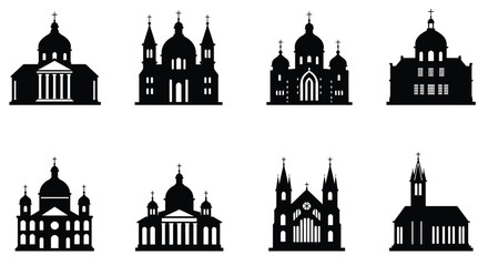 Collection of diverse black silhouette church and temple architectural designs © msunny93