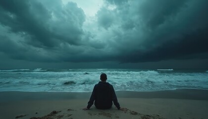 Guy sits alone on sea beach under dark storm clouds. Waves crashing on shore. Man in solitude contemplates life, nature. Depression, despair concept. Moody scenery, dramatic sky.