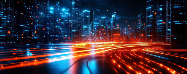 Futuristic cityscape with glowing light trails representing digital technology