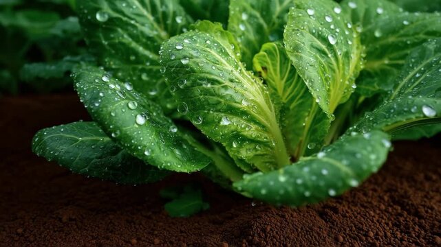 Beautiful fresh lettuce growing in a rich soil bed with raindrops glistening on green leaves