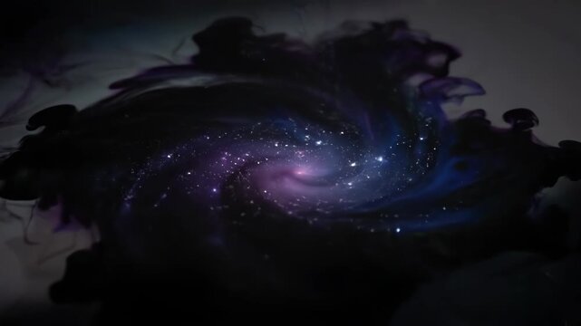 A dark, fluid mass, seemingly ink, blooms in a gradient backdrop, creating a mysterious, swirling shape