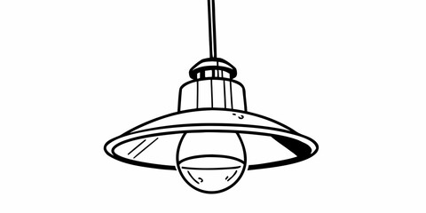 Illustration of a hanging light fixture with a bulb and a conical shade in a simple black outline